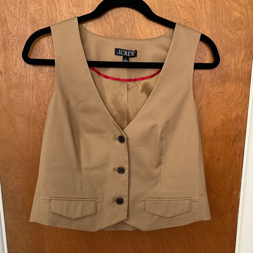 J. Crew Tan Cotton Blend Vest with Contrast Red Lining